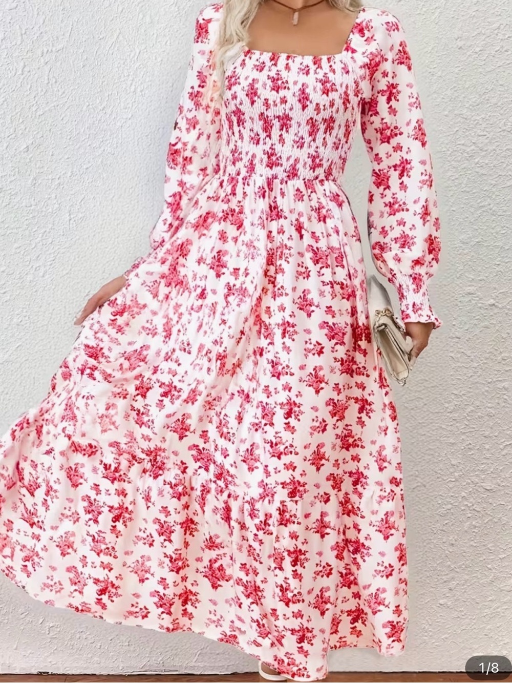 Floral Square-Neck Maxi Dress in Pink and White